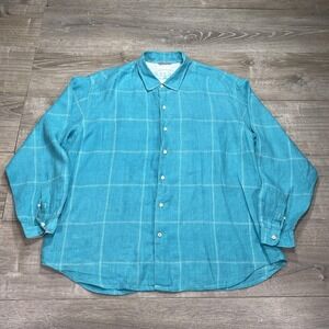 Tommy Bahama Shirt Mens 2XL Blue Linen Relax Button Up Windowpane‎ Plaid Casual